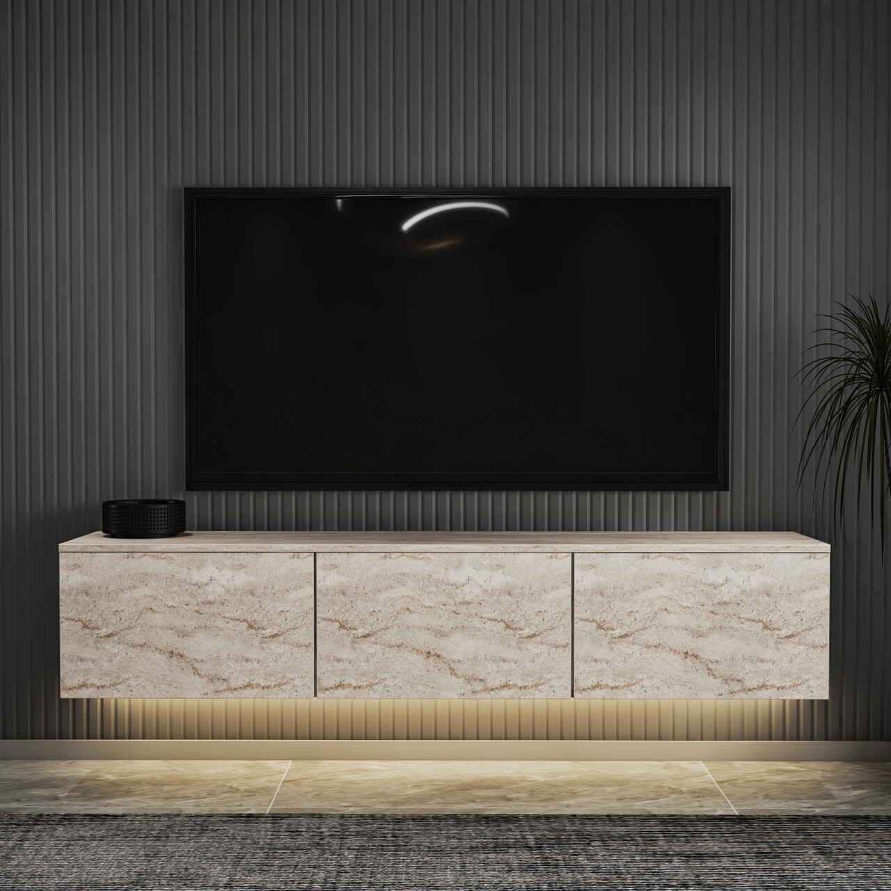 Comoda TV, Hanah Home, Neon Illuminated, 160x35x32 cm, Travertin - imagine 7